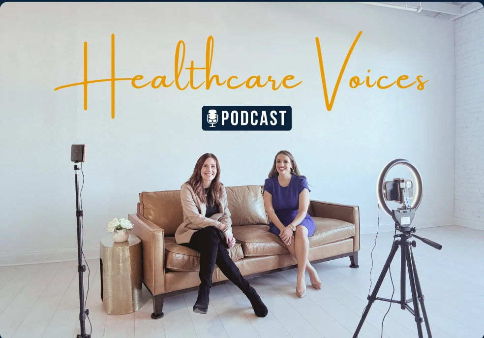 Emily Harris recording the Healthcare Voices podcast with a guest